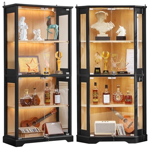 LELELINKY Farmhouse Glass Display Cabinet Set of 2 with Doors, Corner Curio Cabinet for Collectibles, Wooden Display Cabinets for Home, Office, Living Room, Corner, Black - color: Black, size: Set B