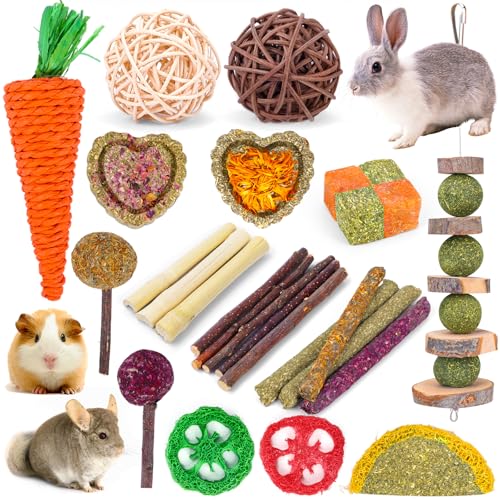 VESPRO Bunny Teys for Rabbits Hamster/Guinea Pig Toys Natural Timothy Hay Sticks chew Treats and Balls for Rabbit, Bunny, chinehila, Guirea Pig, Hamster, Rabbit Teeth Care - size: 24Pack-Set