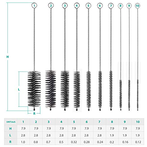 CiaraQ Bottle Cleaning Brushes, 8 Inch Nylon Tube Brush Set, Cleaner for Narrow Neck Bottles Cups with Hook, Set of 10pcs