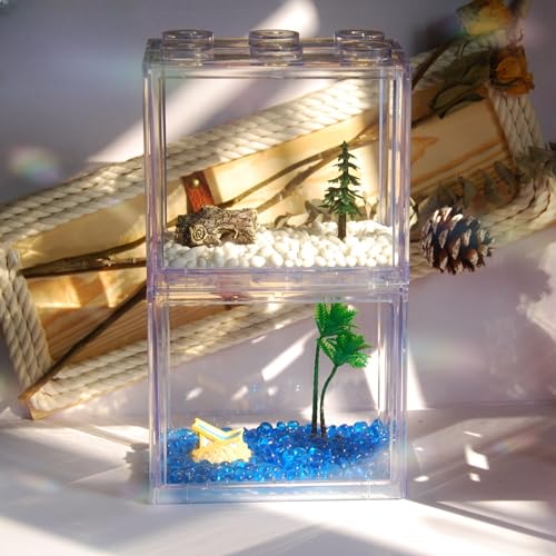 2 Pack Sea Monkey Fish Tank, Mini Betta Fish Tank Stackable Aquarium Tank Kit with Aquarium Gravel & Micro Landscape, 0.6 Gallon Acrylic Fish Bowl Tiny Shrimp Tank for Baby Fish Crab Moss Ball - color: Clear