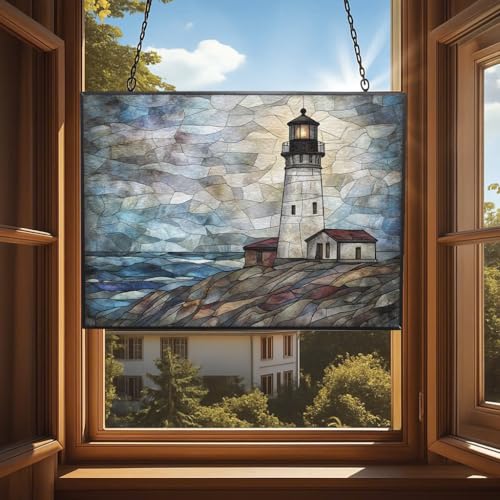 Customized Rectangle Vintage Lighthouse Shore Stained Glass Window Hanging, Suncatcher for Women, Stained Glass Window Decor Perfect Home Décor - color: Vintage Lighthouse Shore 3, size: 15x11 IN