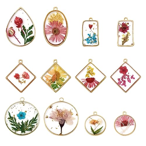 Transparent Flower Resin Charms Round Gold Edge Dried Floral Pendants Flat Round Clear Gold Foil Floral Charms for Necklace Bookmark Keychain Jewelry Making - color: 12Styles-12pcs