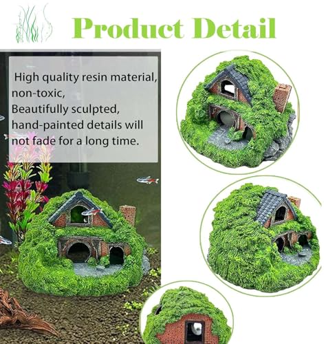 Aquarium Decor Resin Hobbit House Hideout Cave, Hollow Hole Shelter, Fish Tank Hut Ornaments, Mini Garden Landscaping Fish Tank Accessories for Betta