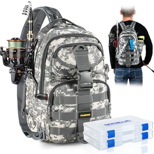 PLUSINNO Fishing Backpack Tackle Bag, Water-Resistant Backpack with Rod Holder, Ideal Gifts for Men - color: Acu Backpack With 4 Boxes