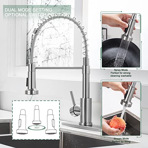 WEWE Kitchen Faucets, Brushed Nickel Kitchen Faucet with Pull Down Sprayer, Industrial Spring Single Handle Stainless Steel Kitchen Sink Faucet with Deck Plate, 1 Hole or 3 Hole for Laundry Rv - color: Brushed Nickel, style: Classic
