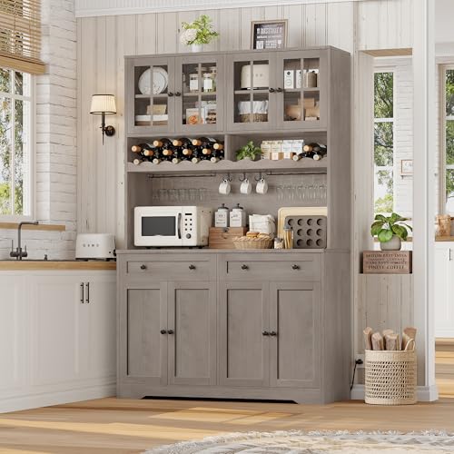 HOSTACK 75.4" Tall Kitchen Pantry Cabinet with Charging Station, Modern White Kitchen Hutch with Microwave Stand and Wine Rack, Large Food Pantry Storage Cabinet with Glass Doors and Drawers, Ash Gray - color: Ash Gray