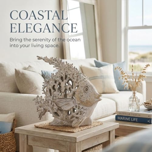 QIANLING Beach Coastal Decor Coral Reef Angelfish Figurines, Modern Nautical Decor Ocean Centerpieces for Living Room, Bathroom, Office, Coffee Table, Beach House, Seaside, Entrance, Shelf Decorative - color: Sandstone White, size: Small