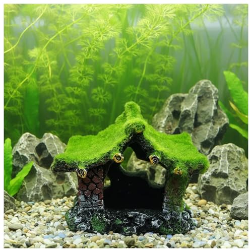 Resin Aquarium Decoration Cave with Moss, Hollow Fish Tank Hideout for Betta, Shrimp, Small Fish - Stable Base, Salt & Fresh Water Safe