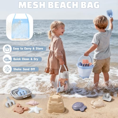 Dreamon 3 Pack Beach Toys Set for Kids 3-10, Collapsible Sand Buckets with Beach Molds and Mesh Bag, Sandbox Travel Toys Beach Vacation Essentials, Camping Gear, Fishing (Blue/Grey/Orange) - color: Blue/Grey/Orange