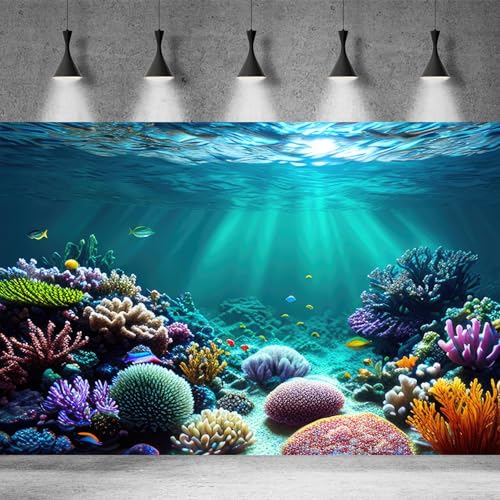 Coral Reef Aquarium Background Deep Blue Ocean Underwater Marine with Sunbeams Terrarium Background Colorful Exotic Corals Tropical Fish Tank Backdrop Poster Wallpaper Decorations Vinyl 24x12in - color: Purple Orange, size: 24(W)x12(H)in