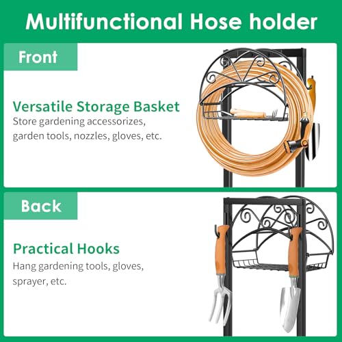 TomCare Garden Hose Holder Upgraded Water Hose Holder Heavy Duty 4 Spikes Hose Hanger Holds 160 Feet Hoses Stable Freestanding Hose Storage Organizer for Outside Yard - color: Matte Black