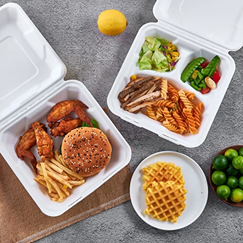 ECOLipak 50 Pack Clamshell Take Out Food Containers, 100% Compostable Disposable To Go Containers, 8X8 inch 3-Compartment Heavy-Duty To Go Boxes - color: 8*8 in, 3-Compartment,50Pack