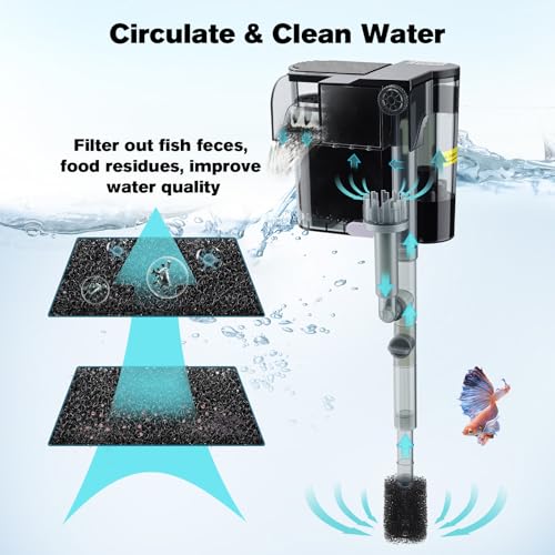hygger Hang On Back Aquarium Filter, Small Fish Tank Filter Waterfall Filtration System, Adjustable Water Flow with Surface Skimmer, Replaceable Sponge Quiet Hanging Filter for Tank 5~10 Gal - size: M