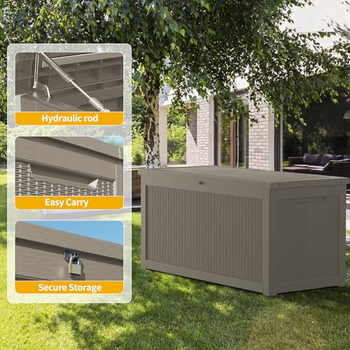 TARKARI 320 Gallon Outdoor Storage Box Waterproof, Resin Deck Boxes with Lockable Lid & UV-Resistant for Patio, Pool, Garden Furniture Cushions & Accessories, Coffee - color: Coffee, size: 320 GAL