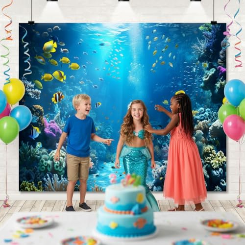 Under The Sea Backdrop 12x10ft Ocean Backdrop Underwater World Colorful Tropical Fish Coral Aquarium Deep Sea Sunlight Photography Background Birthday Under The Sea Party Decorations Photo Props - color: Blue2, size: 12x10ft