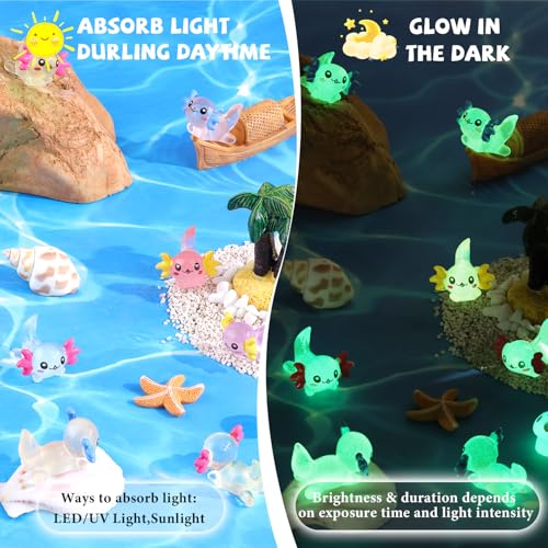 40PCS Mini Resin Animals Colorful Tiny Axolotls Glow in Dark, Miniature Figures to Hide, Little Animal Small Figurines for Topper Desk Garden Dollhouse Landscape Aquarium Ornaments Crafts & Decor - color: Glow in Dark Axolotls-40pcs