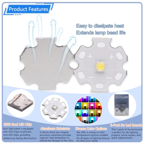 5Pcs 3W White Full Spectrum 3535 SMD High Power LED Chip with Aluminum Plate 20mm Star PCB Base Heat Sink for Outdoor Light (120deg,White 6000K-8000K,DC 3.0-3.4V,700mA,HCRI-Ra80) - color: White6000-8000k
