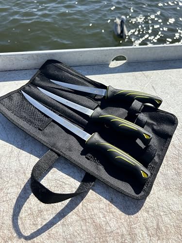 Gambler danco 4PC Fishing Fillet Knife Kit, 6", 7", 9" with Roll Bag, Fish Fillet and Deboning Knives, Freshwater and Saltwater Fishing, Non-Slip Handle, Durable Roll Bag, Stainless Steel Blades - style: Without Sharpener