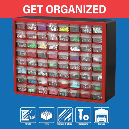 Akro-Mils 64-Drawer Plastic Drawer Storage Cabinet for Garage Organization, Bead Organizer, Building Bricks Storage, Teacher Toolbox, Makeup Organizer, 20" W x 6" D x 16" H, 10164 Red - color: Red, size: 64 Drawer, style: 1 Pack