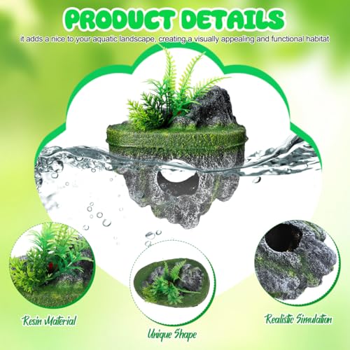 Garneck 2Pcs Floating Island for Aquarium Decor: Resin Suspended Stone with Hideout Tunnel & Artificial Plants for Betta Guppy Shrimp Hermit Crabs Fish Tank Landscape Ornament