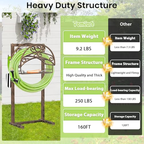 TomCare Garden Hose Holder Upgraded Water Hose Holder Heavy Duty 4 Spikes Hose Hanger Holds 160 Feet Hoses Stable Freestanding Hose Storage Organizer for Outside Yard - color: Bronze
