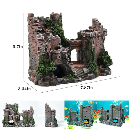 Aquarium Resin Castle Decoration, Air Bubbler Stone Cave Hideout House for Betta Fish, Shrimp & Turtles, Fish Tank Ornament Accessories for Breeding, Playing & Resting ，Decorative Bubbling Castle