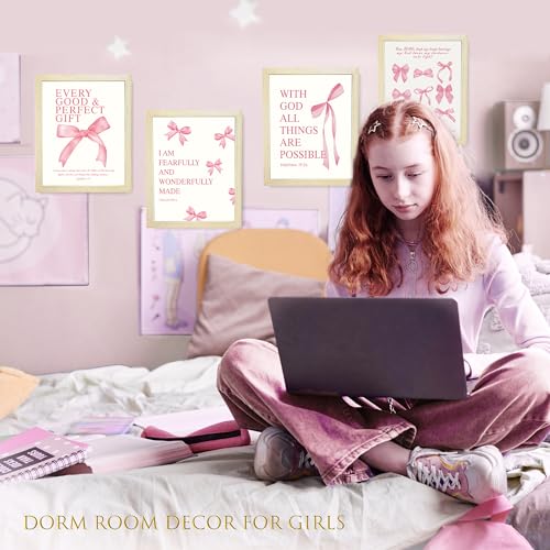 LARTSFRO Coquette Pink Bow Wall Art Decor Posters, Pink Bow Room Bedroom Bathroom Dorm Wall Art Decor Aesthetic for College Teen Girls Gifts, Inspirational Bible Verses Bow Wall Decor, 10x8 Inch Set of 4 Pcs Bow Pictures (WOOD-GRAIN FRAMED) - color: Wood