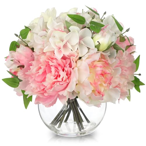 Artificial Flower in Vase, Faux Silk Flowers Arrangement Peony Hydrangea Poppy Eucalyptus Bouquet with Faux Water, Fake Floral Centerpiece for Dining Table Home Decor Wedding Office Shelf - Pink - color: Light Pink