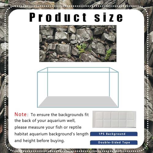 48X24IN Black Stone Aquarium Background, Rock Fish Reptile Tank Background, Natural Rocky Glass Bearded Dragon Terrarium Decor Background Wallpaper with 10 EVA Double-Sided Tape, Polyester