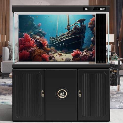 Sunken Pirate Ship Aquarium Background Vibrant Underwater Coral Reef Seascape Fish Tank Background Timeless Nostalgia Rusty Ship Debris Terrarium Backgrounds Undersea Reptile Tank Backgrounds 24x12in - color: Blue_Pink, size: 24(W)x12(H)in