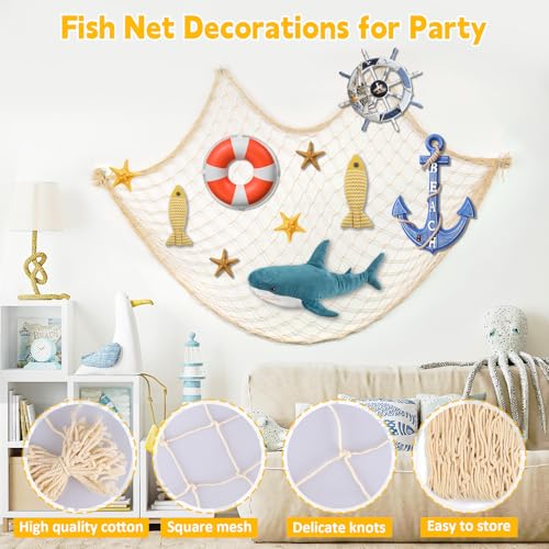2 Pcs Fish Net Decorations, 39x78 Inch Cotton Nautical Themed Fishing Net, Wall Hanging Photo Display Fishnet for Coastal Bedroom Bathroom, Pirate Hawaiian Beach Under The Sea Party Decor, Beige - color: Beige
