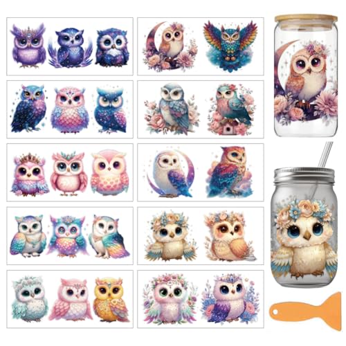arricraft 10 Sheets UV DTF Cup Wrap for 16OZ Glass, Cute Shiny Owl Rub on Decals PVC Transfer Stickers for DIY Cups Wood Funiture 24x11cm/9.4x4.3inch - style: Cute Shiny Owl Theme