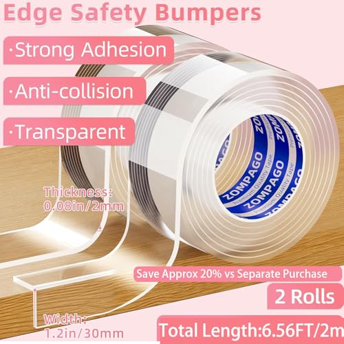 ZOMPAGO 2 Rolls Value Pack Clear Baby Proofing Edge Protector vs Single Roll,Total 6.56FT(2M),1.18in Width Invisible Furniture Corner Guard,Cuttable Sharp Edge Safety Bumper - size: 2 Roll,1.18in x3.28FT