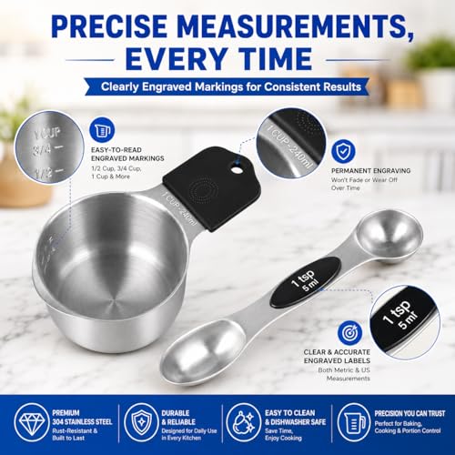 Magnetic Measuring Cups and Spoons Set, Strong N52 Magnets, Heavy Duty 304 Stainless Steel Fits in Spice Jars for Baking & Cooking, BPA Free, Round Set of 15 with Leveler Black - color: 7Pcs Measuring Cups & 8Pcs Spoons Set of 15(Black)