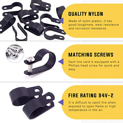 Swpeet 60 Pack Black 5/8 Inch Nylon Plastic R-Type Cable Clips Clamp Kit, Nylon Screw Mounting Cord Fastener Clips with 60 Pack Screws for Wire Management - color: Black, size: 5/8 Inch