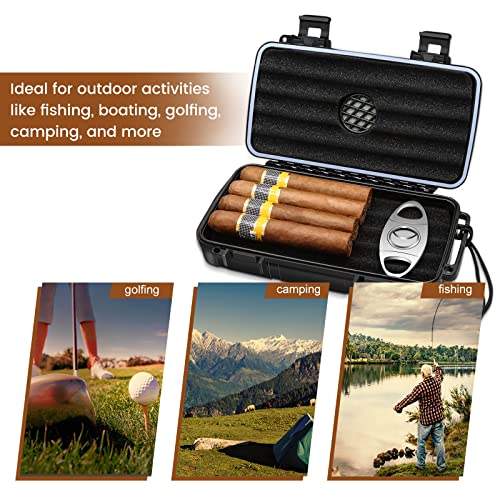 Flauno Travel Cigar Humidor Case - Portable Cigar Box kit with Humidifier Disc, Cigar Cutter, Cigar Punch, Cigar Holder & Dropper, Waterproof, Crushproof, Airtight (Holds up to 5 Cigars) - size: Holds up to 5 Cigars with Cigar Accessories