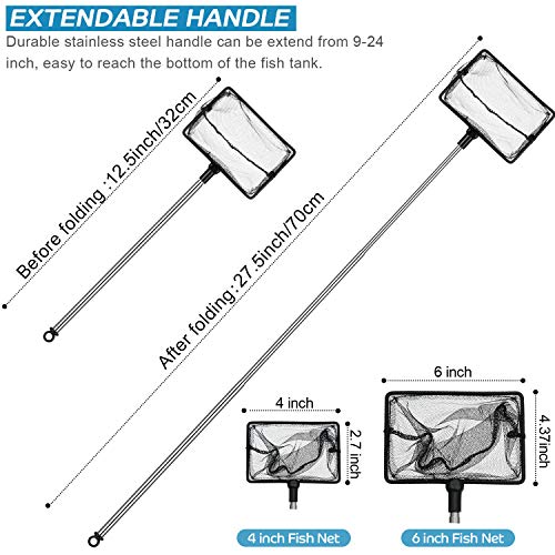 Sumind 2 Pieces Fish Tank Net Aquarium Mesh Fishes Net Long Handle Fish Nets with Extendable 12.5-27.5 Inch Stainless Steel Catch Nets for Aquarium Accessories 4 & 6 Inch - color: Black