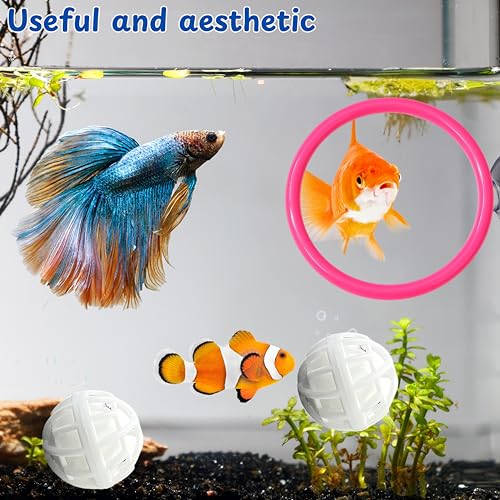 Betta Ring Enrichment Toys with Filter Ball set, Turtle Water Cleaner Ball, Aquarium Feeding Ring with Nitrifying Balls, Betta Fish Toy, Aquatic Turtle Enrichment Toy, Tortoise Supplies (Pink, M-70mm) - color: Pink, size: M-70mm