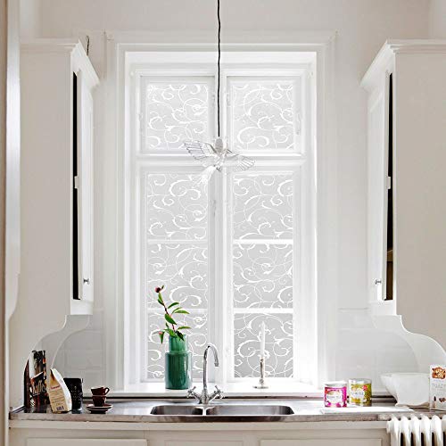 LEMON CLOUD Window Privacy Film, No-Adhesive Static Decorative Window Film, Frosted Stained Glass Window Cling Vine Design (17.5 x 78.7 Inch, White Leaf) - color: White Leaf, size: 17.5 x 78.7 Inch