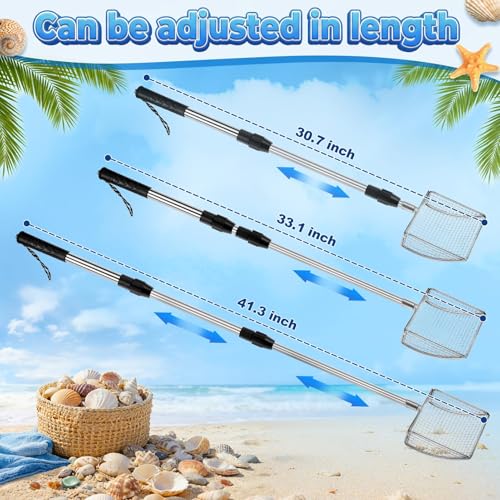 RGQSUN Shark Tooth Sifter with Seashell Bag, Beach Sand Sifter Set with Extendable Handles for Shell Collecting, Sea Glass, Shark Teeth and Small Beach Finds - color: Blue (1 Set)