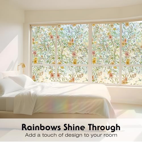 Volcanics Stained Glass Window Film with Installation Tools, Rainbow Window Privacy Film, Decorative Window Clings for Glass Windows, Static Cling Sun Blocking Floral Decals, 17.5 x 78.7 Inch - color: Flower Rainbow, size: 17.5" X 78.7"