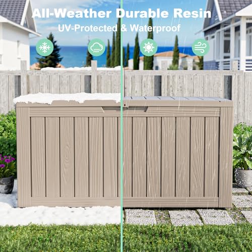 ROJIK Outdoor Storage Housing Deck Box - Waterproof Patio Furniture, Garden Tools, Cushions, Pool Accessories Storage Bench with Lockable Lid and Side Handles (Grey, 80 Gal) - color: Grey, size: 80 Gallon