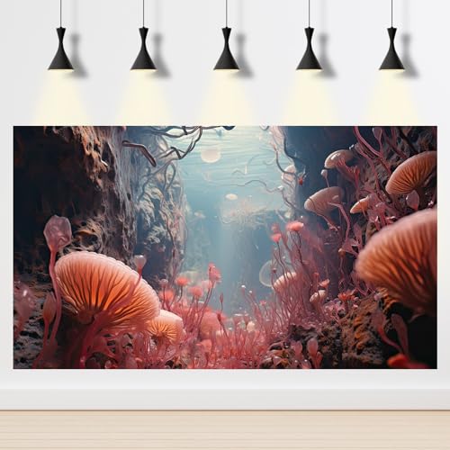Coral Reef Aquarium Background Underwater World Rock Cave Style Terrarium Backdrop Fantasy Under Sea Coral Fish Tank Background Cave Landscape Tank Wallpaper Poster Vinyl 24x12in - color: Coral Pink, size: 24(W)x12(H)inches/ 60(W)*30cm(H)