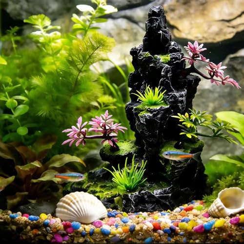 Small and Medium-Sized Aquarium Mountain Landscape Stone Decoration, Resin Rock Water Scenery cave Plant Decoration Fish Tank Accessories Beta Hidden cave Rockery Landscape -7.9 inches high