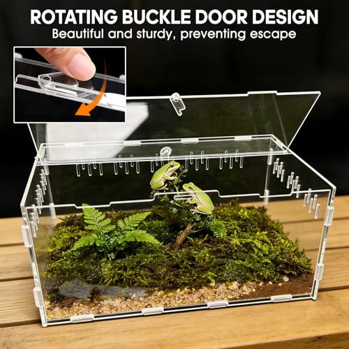 Acrylic Reptile Terrarium, Tarantula Enclosure with Magnetic Door, Easy-Clean Reptile Tank for Spider, Insect, Gecko, Mantis, Frog, Snail, Isopods- 11.4" X 7.8" X 5.9"(Tweezer and Bowl Included) - size: Basic Horizontal - Kit