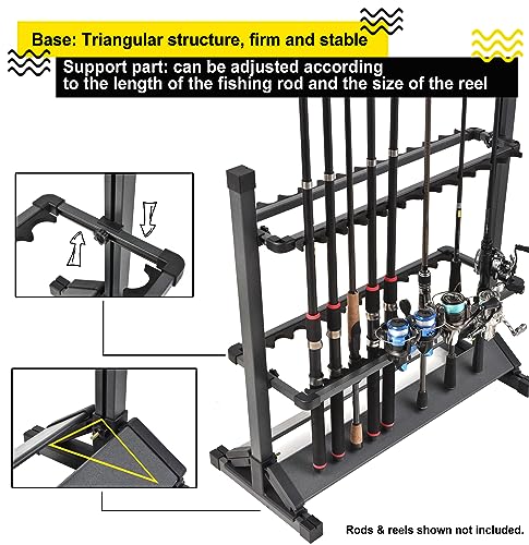 24-Rod Aluminum Fishing Rod/Pole Holder, Rustproof Fishing Rod Rack with 360° Lockable Wheels, Multi-Functional Storage Organizer for Garage & Home, Fits Most Rods & Golf Clubs (Black)