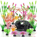 QUOZUO Broken Barrel Fish Tank Decor, 16pcs Fish Tank Accessories Artificial Plants Aquarium Ornaments for Fish Cave Hide - Resin Barrel x1pcs, Coral x2pcs, Aquarium Plastic Plants x13pcs