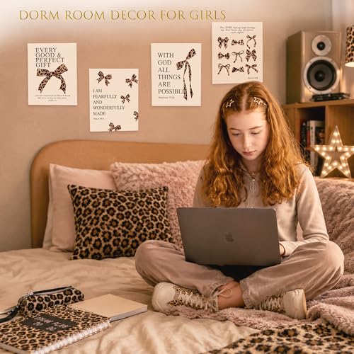 LARTSFRO Coquette Leopard Bow Wall Art Decor Posters, Y2K Cheetah Print Room Decor Aesthetic Bible Verses Inspirational Wall Art for Teen Girls Bedroom Dorm Bathroom, 10x8 Inch Set of 4 Pcs Cheetah Bow Pictures (UNFRAMED) - color: leopard bow, size: 8X10i