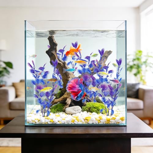 4 Pack Plastic Aquarium Plant Set, 7.1 Inch Purple Artificial Fish Tank Plants with Base for Aquarium Decor Accessories Fish Tank Decorations - color: Purple B