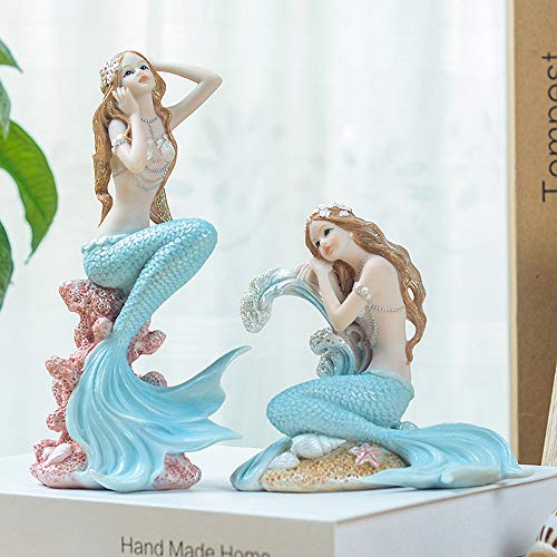 Rayberro Blue Mermaid Figurines 7.28" Resin Mermaid Sculpture Mediterranean Princess Ornaments Home Office Desktop Bookshelf Mermaid Collectible Figurines Crafts Fish Tank Aquarium Decoration - color: Blue Look Up, size: 7.28x3.93x2.75inch